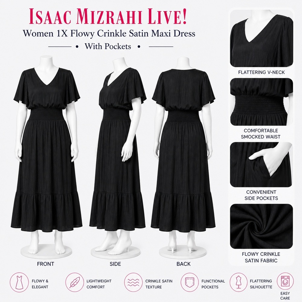 Isaac Mizrahi Live Women 1X Black Crinkle Satin Maxi Dress Smocked Waist A652880